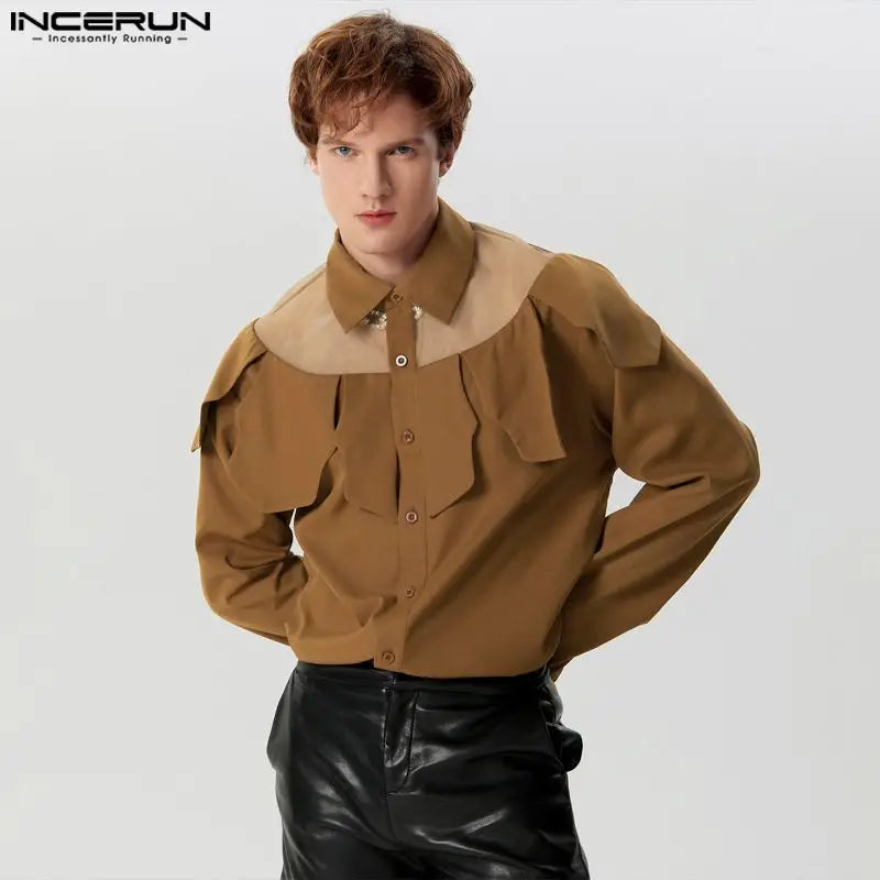 INCERUN Tops 2024 American Style Men's Mesh Splicing Multi Piece Style Shirts Casual Fashionable Male Long Sleeved Blouse S-5XL