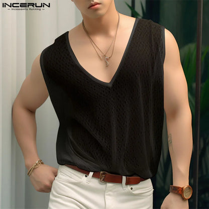 INCERUN Tops 2024 Korean Style Men's Stylish Hollow See-through Vests Summer Casual Streetwear V-neck Sleeveless Tank Tops S-5XL