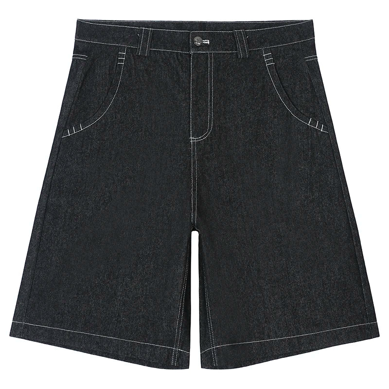 Short en jean avec poches style hip-hop pour homme, imprimé lettres brodées, style rétro, surdimensionné, jambe large, longueur genou