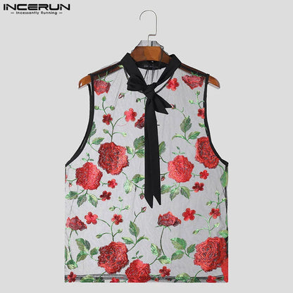 INCERUN Tops 2024 American Style Sexy Men's Ribbon Design Vests Fashion Casual Thin Embroidered Rose Sleeveless Tank Tops S-5XL