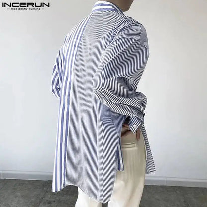 Handsome Well Fitting Tops INCERUN Men's Striped Patchwork Design Shirts Casual Fashionable Male Long Sleeved Lapel Blouse S-5XL