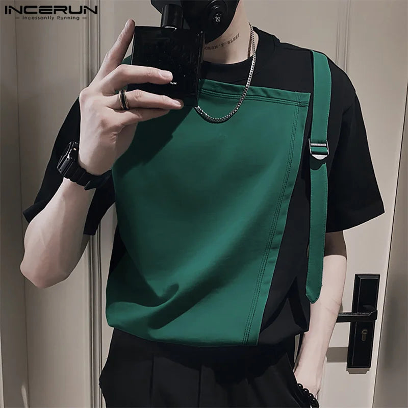 INCERUN Tops 2024 Korean Style New Men Fashion Splicing Backpack Buckle Design T-shirts Casual Male Short Sleeved Camiseta S-5XL