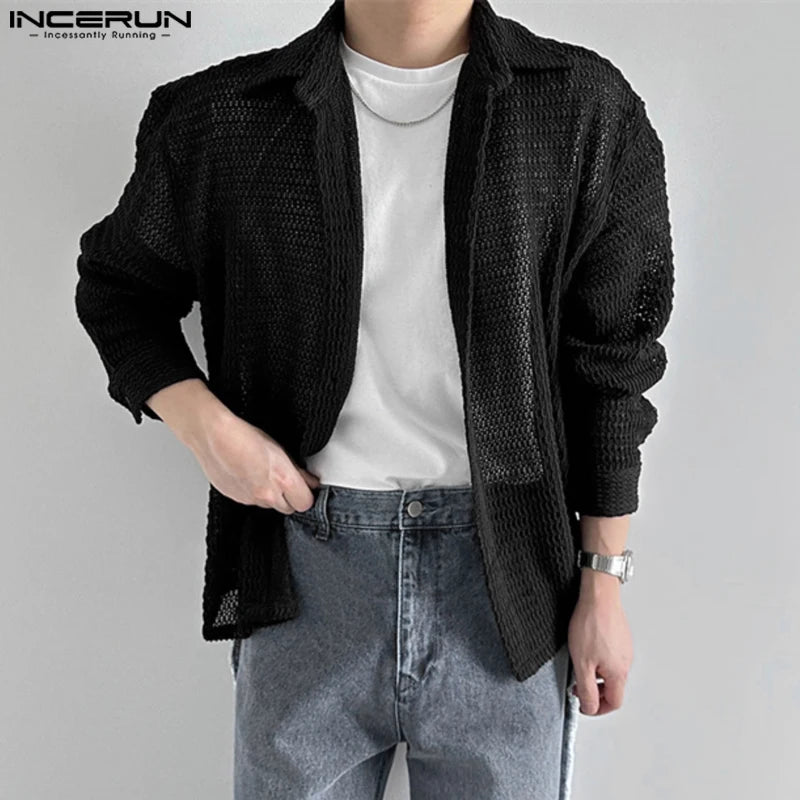 Fashion Well Fitting Tops INCERUN Men's Mesh Hollow Out Knitted Design Shirts Summer Casual Solid Long Sleeved Blouse S-5XL 2024