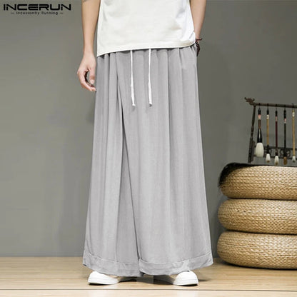 INCERUN 2024 Korean Style Trousers Men Solid All-match Long Pant Leisure Streetwear Male Hot Sale Loose Wide Leg Pantalons S-5XL