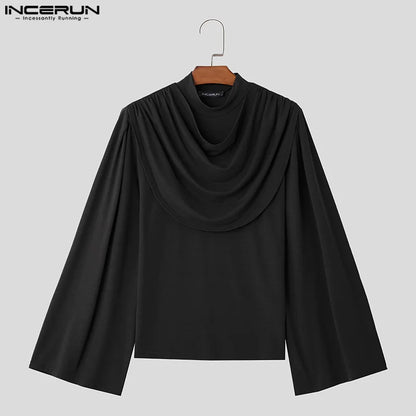 INCERUN Tops 2024 American Style New Men's Layered Design Swing Collar Shirts Casual Streetwear Solid Long Sleeved Blouse S-5XL