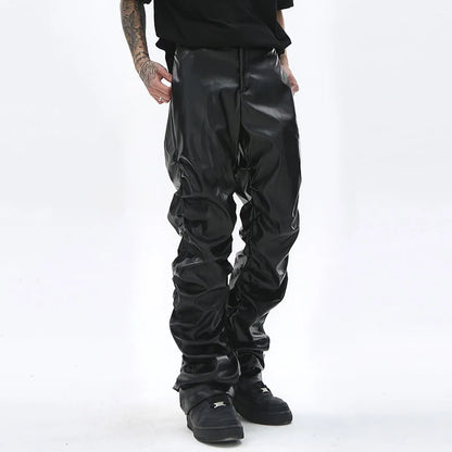 Pantalon plissé en cuir PU pour homme, style hip-hop, style rétro, streetwear, ample, froncé, décontracté, droit, couleur unie, noir