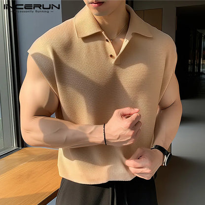 INCERUN Tops 2024 Koreanische Stil Herren Gestrickte Solide Revers Westen Freizeit Streetwear Männlichen Einfache Heißer Verkauf Ärmellose Tank Tops S-5XL