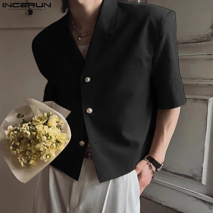 Stylish Casual Style Tops INCERUN New Men's Lightweight Cropped Solid Suit Coats Streetwear Male Short Sleeved Blazer S-5XL 2024