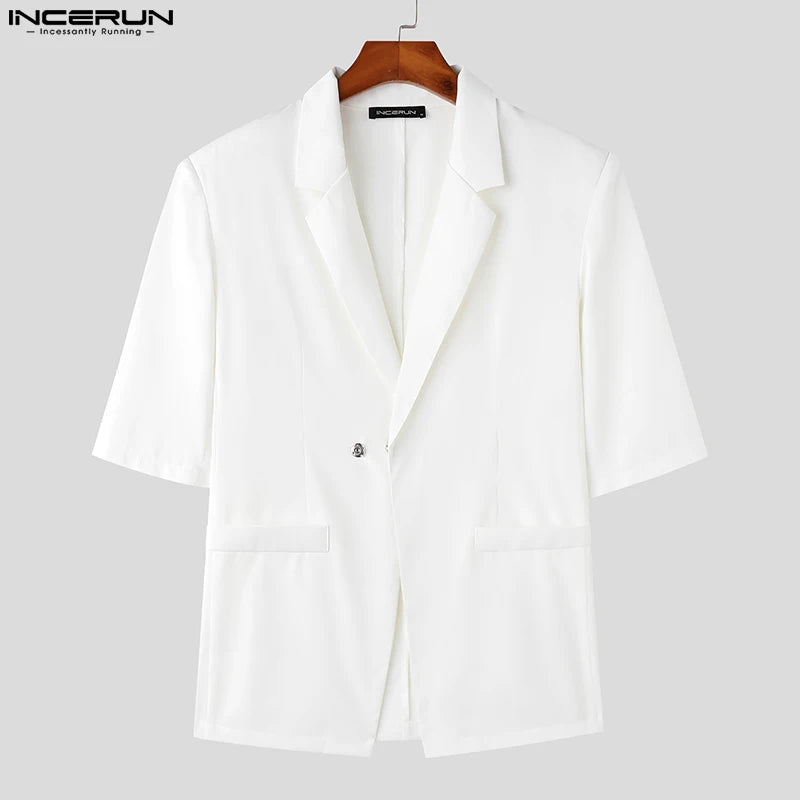 INCERUN Tops 2023 Korean Style Men's Silhouette Shoulder Pads Solid Blazer Casual Party Male All-match Short Sleeved Suit S-5XL