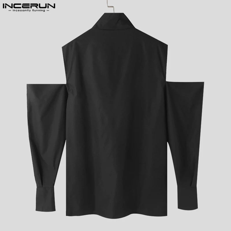 INCERUN Tops 2023 Style américain Nouvelle mode pour hommes Chemises de conception croisée Personnalité Épaule Solide Creux À Manches Longues Chemisier S-5XL