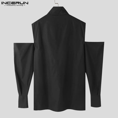 INCERUN Tops 2023 American Style New Mens Fashion Cross Design Shirts Personality Shoulder Solid Hollow Long Sleeve Blouse S-5XL