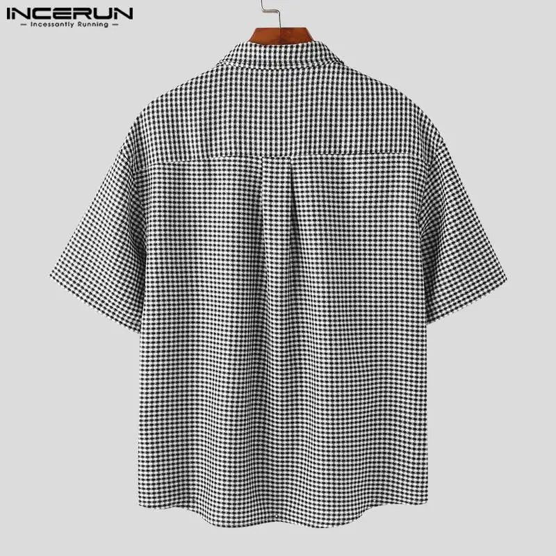 INCERUN Tops 2023 Korean Style New Men's Plaid Strap Lapel Blouse Casual Comfortable Hot Selling Male Short Sleeved Shirts S-5XL