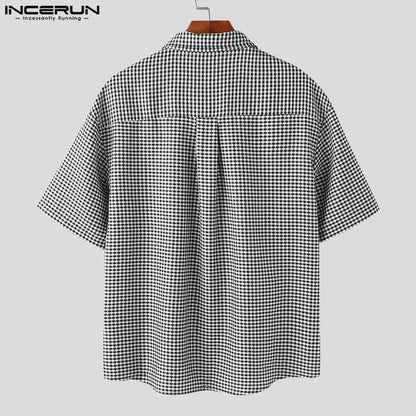 INCERUN Tops 2023 Style coréen Nouveau chemisier à revers à bretelles à carreaux pour hommes Décontracté Confortable Vente chaude Chemises à manches courtes pour hommes S-5XL