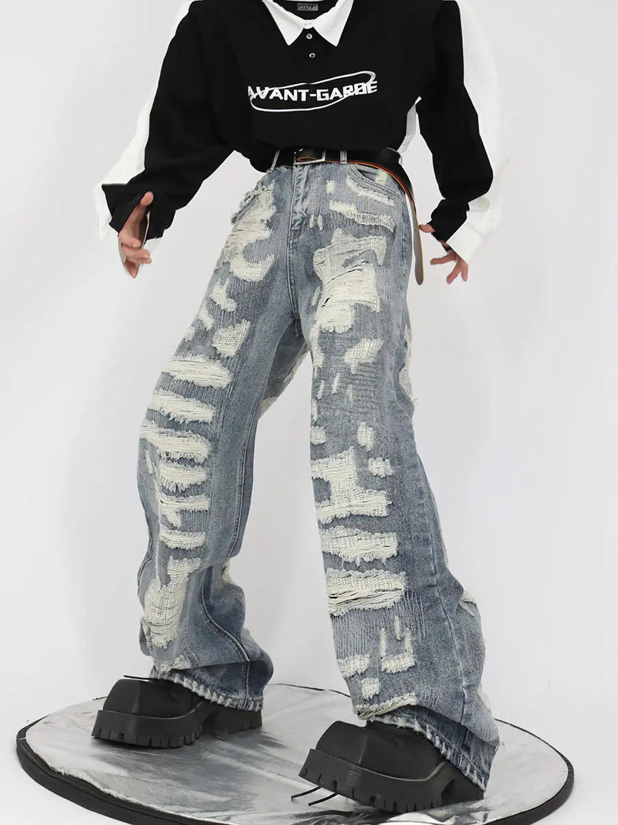 HOUZHOU Hip Hop Zerrissene Jeans Männer High Street Männlichen Distressed Denim Breite Bein Hosen Casual Hosen Vintage