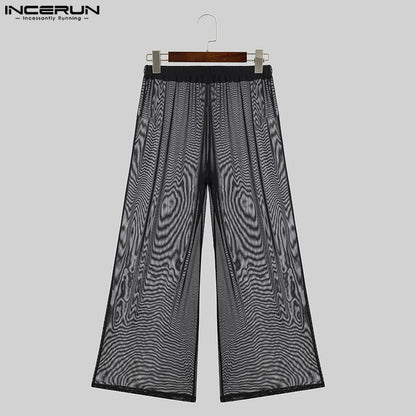 2024 Men Wide Leg Pants Mesh Transparent Loose Elastic Waist Streetwear Trousers Men Sexy Solid Color Fashion Pantalon INCERUN