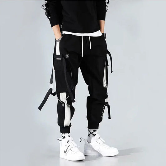 HOUZHOU Black Cargo Pants for Men Joggers Sweatpants Men's Cargo Trousers Male White Korean Techwear Steetwear Hip Hop Ribbons