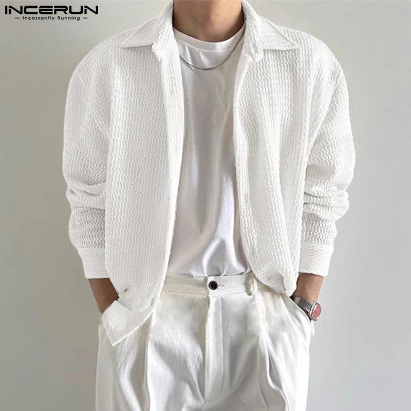 Fashion Well Fitting Tops INCERUN Men's Mesh Hollow Out Knitted Design Shirts Summer Casual Solid Long Sleeved Blouse S-5XL 2024