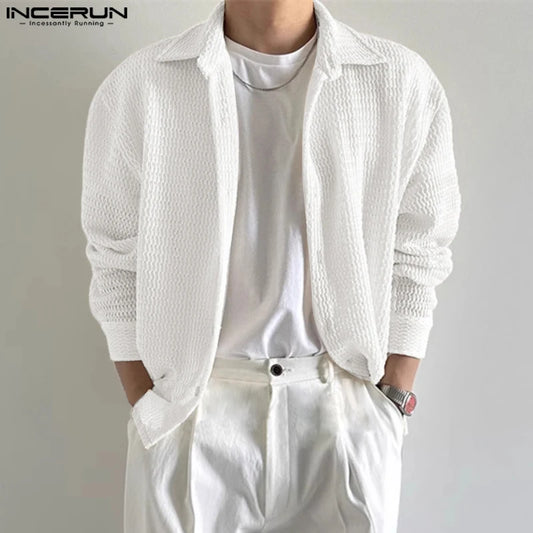 Fashion Well Fitting Tops INCERUN Men's Mesh Hollow Out Knitted Design Shirts Summer Casual Solid Long Sleeved Blouse S-5XL 2024