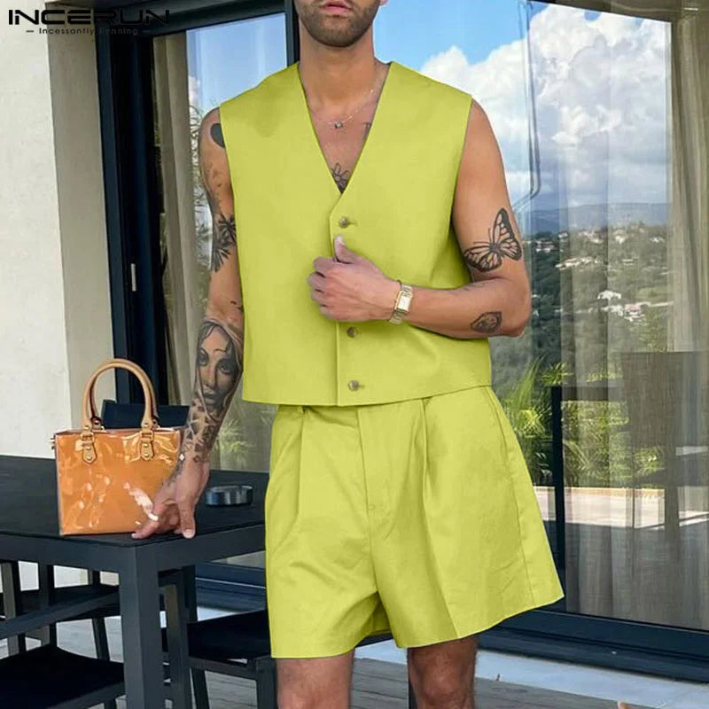 INCERUN Sommer herren Sets Fashion Solid Knöpfe V-Ausschnitt Tops Blusen Shorts 2-tlg Streetwear Party Anzüge Herren Kleidung Übergroß