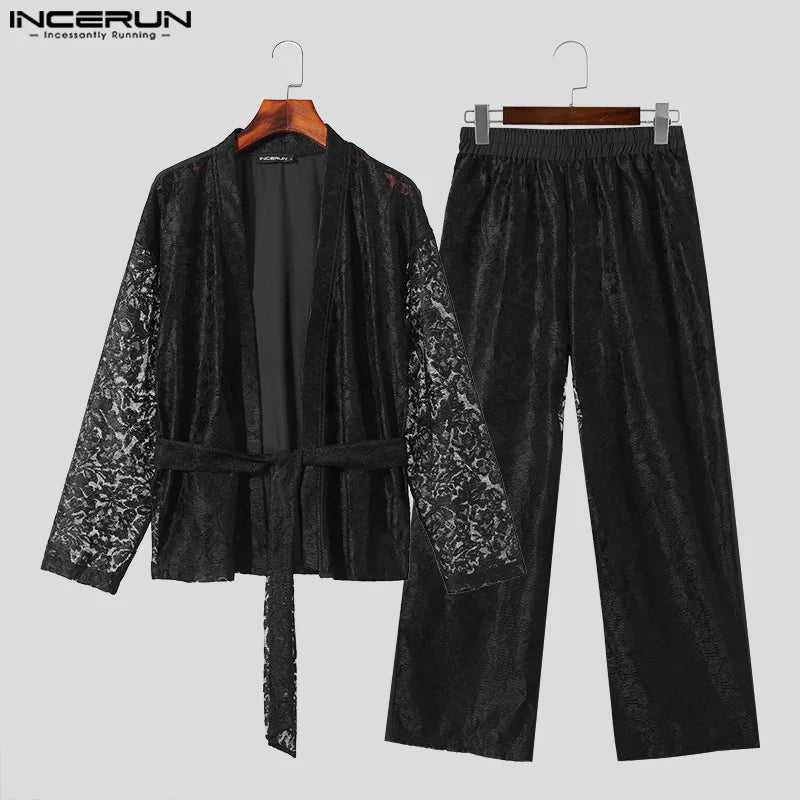 INCERUN 2024 Ensembles sexy pour hommes de style américain Cardigan à manches longues Pantalon long Costume élégant pour homme à bretelles en dentelle 2 pièces S-5XL