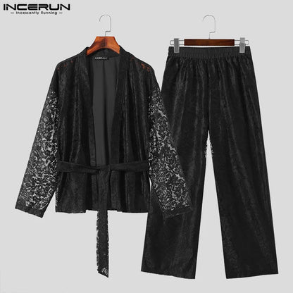 INCERUN 2024 Sexy Herren-Sets im amerikanischen Stil, langärmelige Strickjacke, lange Hose, stilvoller Herrenanzug mit Spitzenriemen-Design, 2-teilig, S-5XL