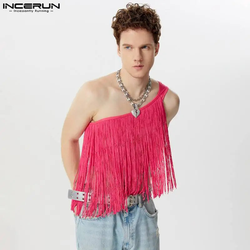 Party Nightclub Style Tops INCERUN Men Sexy Sloping Shoulder Tassel Cropped Vests Stylish Clubwear Hot Sale Thin Tank Tops S-5XL