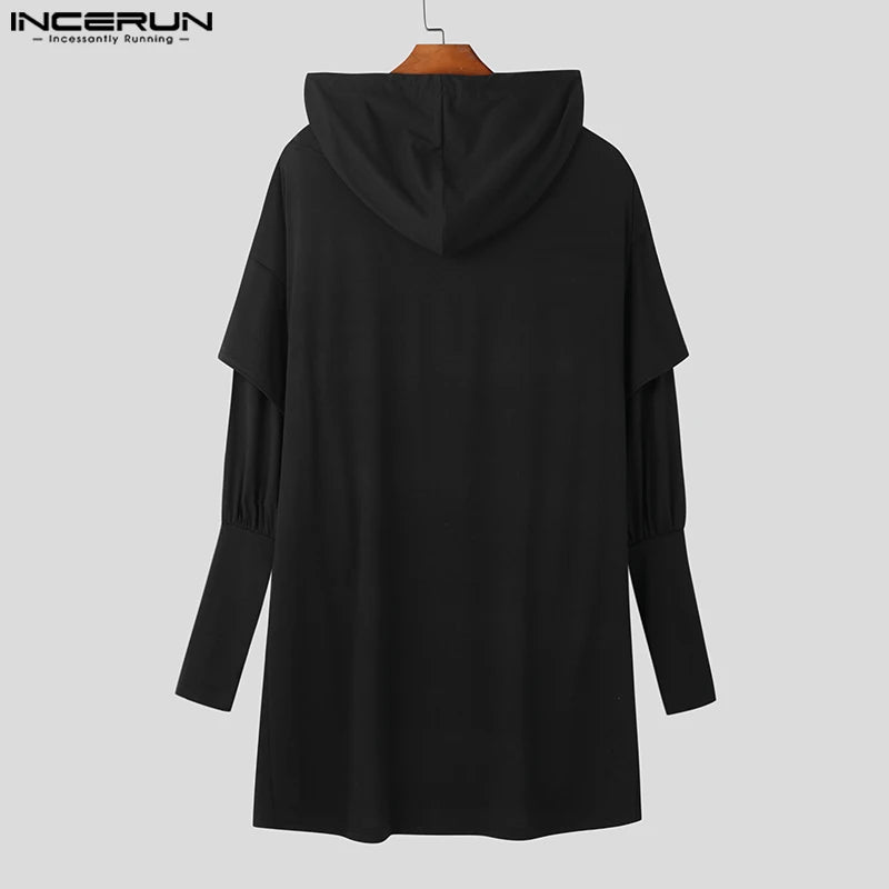 INCERUN Tops 2024 Amerikanischer Stil, Mode, neue Herren-Kapuzenpullover mit Fingerhut, lässig, einfarbig, bequem, mit Kordelzug, langärmelig, S-5XL