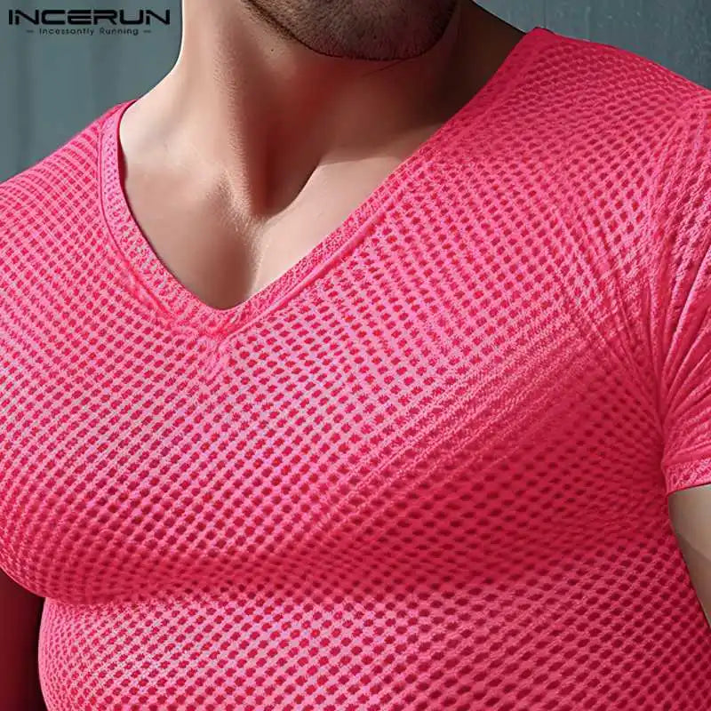 INCERUN Tops 2024 American Style Fashion Mens Rose Red Mesh T-shirts Casual Sexy Party Shows V-neck Short Sleeved Camiseta S-2XL