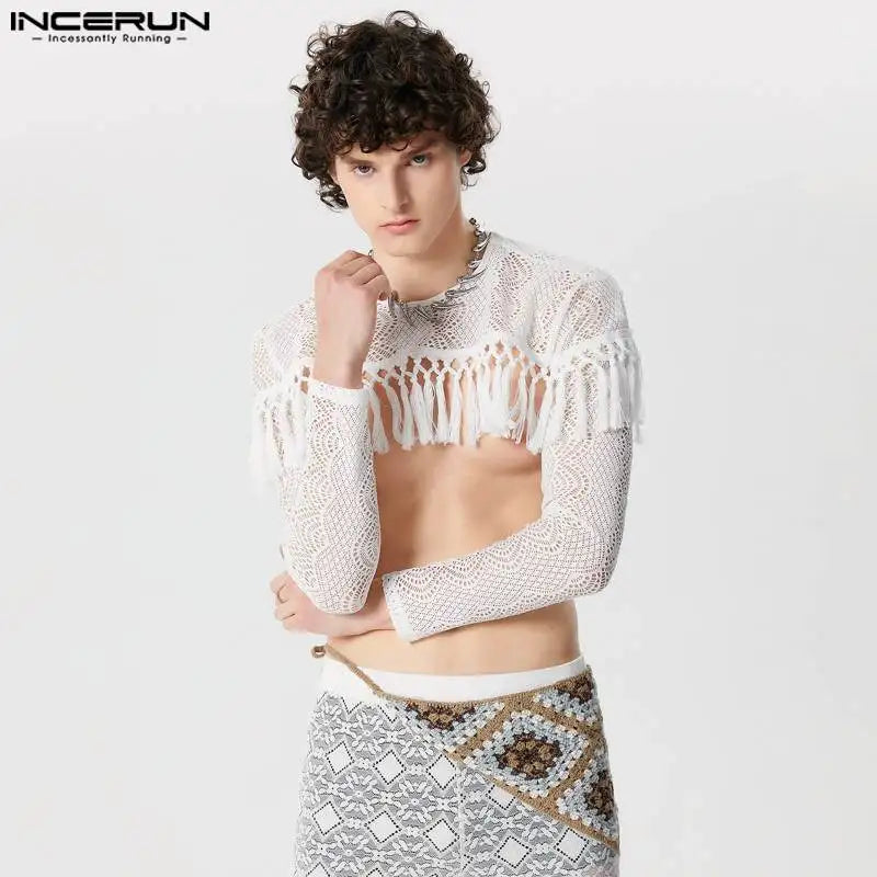 INCERUN Tops 2024 Fashion Men's Tassel Patchwork Lace Mesh Cropped Design T-shirts Sexy Casual Thin Long Sleeved Camiseta S-5XL