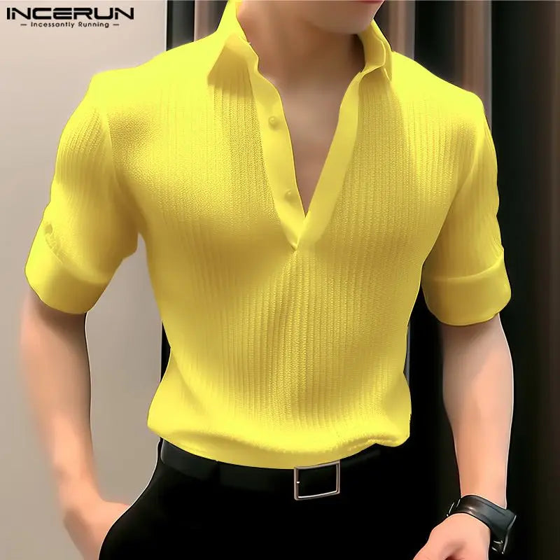 Handsome All-match Tops INCERUN Men's Striped V-neck Design Blouse Casual Streetwear Male Solid Short Sleeved Shirts S-5XL 2024