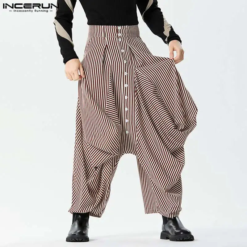 2024 Men's Striped Pants Button Joggers Loose Fashion Drop-Crotch Trousers Men Streetwear Casual Irregular Pants S-5XL INCERUN