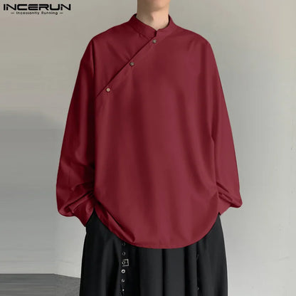 INCERUN Tops 2024 Korean Style Men's Stand Collar Slanted Placket Design Shirt Casual Streetwear Solid Long Sleeved Blouse S-5XL