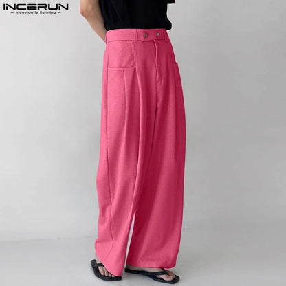 INCERUN 2024 Korean Style Pantalons Fashion Men's Mixed Color Straight Leg Pant Casual Streetwear Male High Waist Trousers S-5XL