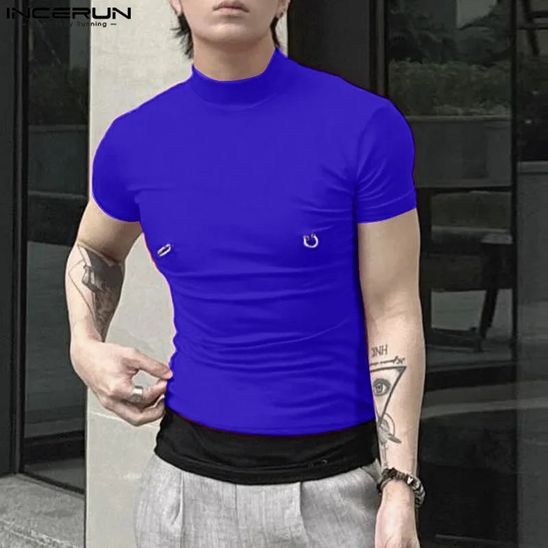 Sexy Fashion Style Tops INCERUN Männer Halb High Neck Mesh Loop Schnalle T-Shirts Casual Male Solid Kurzarm Enge Camiseta S-5XL