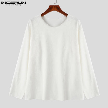 INCERUN Tops 2024 Korean Style Fashion Men's Loose V-neck Knitted T-shirts Summer Casual Streetwear Long Sleeved Camiseta S-5XL