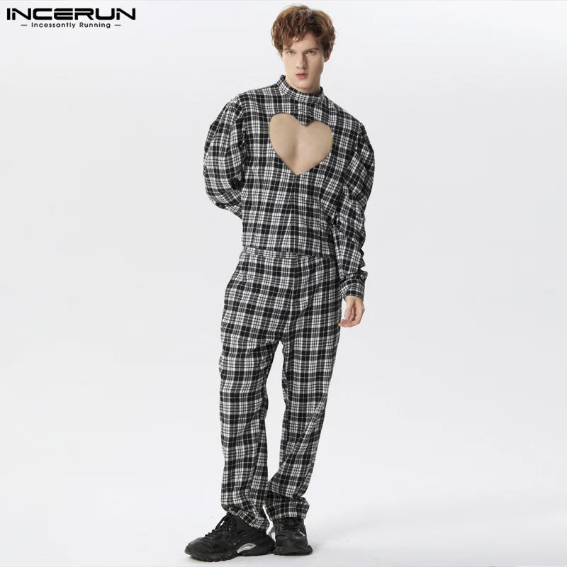 INCERUN 2024 American Style Mens Sets Heart Hollow Leg Of Mutton Sleeve Shirts Long Pants Casual Streetwear Two-piece Sets S-5XL