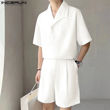 INCERUN 2024 Korean Style Sets Stylish Men Lapel Neck Short Sleeved Tops Split Long Pants Leisure Streetwear Suit 2 Pieces S-5XL