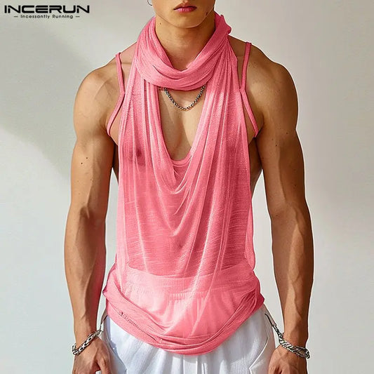 INCERUN Tops 2024 Korean Style Sexy Men See-through Mesh Thin Vests Summer Fashion Male Hot Selling Swing Collar Tank Tops S-5XL