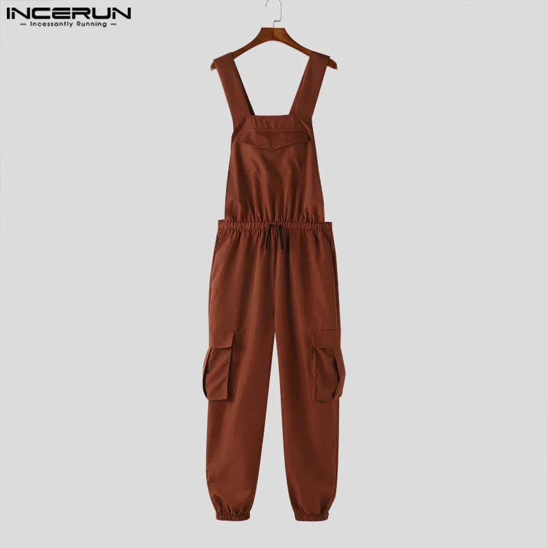 INCERUN 2024 American Style Bodysuits New Men's Fashion Cargo Jumpsuit Casual Streetwear Sexy Solid Shoulder Strap Rompers S-5XL