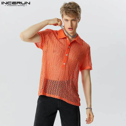 INCERUN Tops 2023 American Style Men's See-through Mesh Hollowed Shirts Casual Sexy Male Solid Short Sleeved Lapel Blouse S-5XL