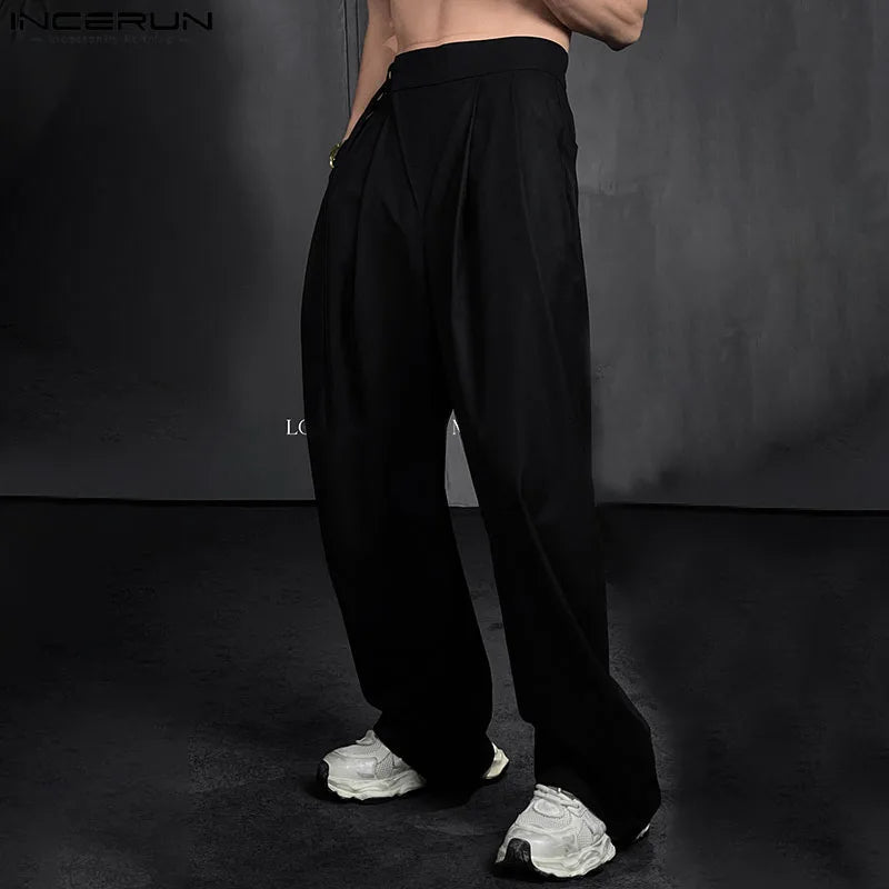 INCERUN 2024 Korean Style Pantalons New Men Casual Streetwear Pleated Lace Up Design Long Pants Male Solid Simple Trousers S-5XL