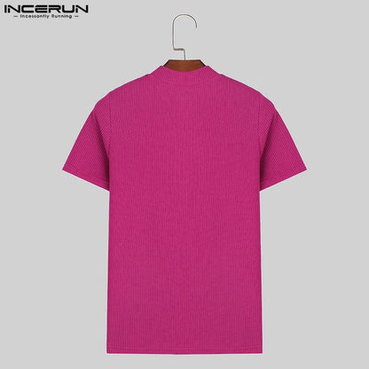 Men's T Shirt Solid Color Knitted Turtleneck Short Sleeve Casual Men Clothing Streetwear 2024 Summer Fashion Camisetas INCERUN