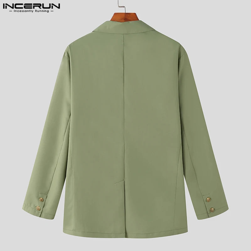 INCERUN 2024 Men Blazer Solid Color Lapel Long Sleeve Streetwear Fashion Button Casual Suits Men Elegant Leisure Thin Coats 5XL