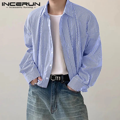 INCERUN Tops 2024 Koreanischen Stil Hübsche Männer Einfache Dünne Streifen Design Shirts Casual Streetwear Revers Langarm Bluse S-5XL