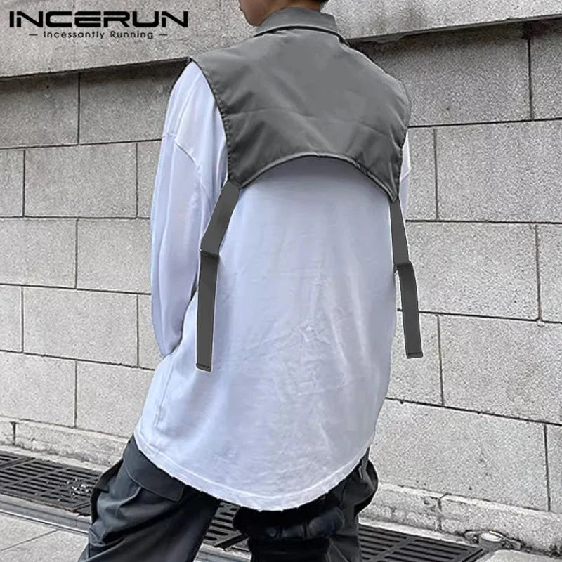 INCERUN Summer Autumn Men Vests Fashion Waistcoats Sleeveless Streetwear Cargo Loose Pockets Oversized Solid Zipper Men Clothing