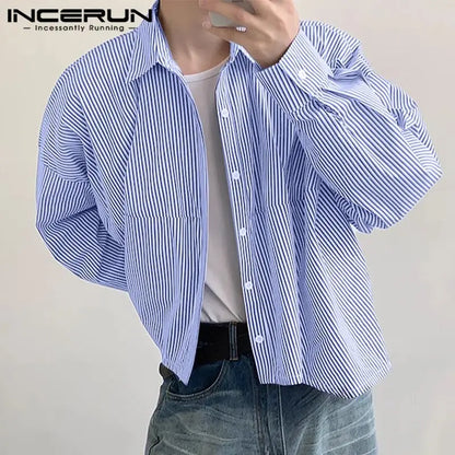 INCERUN Tops 2024 Style coréen Beau Hommes Simple Conception de Rayures Fines Chemises Décontractées Streetwear Revers Chemisier À Manches Longues S-5XL