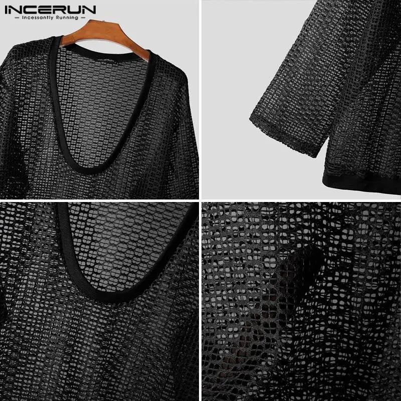 Party Nightclubs Style Tops INCERUN Men's Sexy Deep V-hollowed Mesh T-shirts Summer Casual Thin Three-quarter Sleeve Tees S-5XL