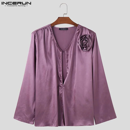 INCERUN Tops 2024 Korean Style Fashion Men's Satin Floral Decoration Shirts Sexy Male Hot Sale V-neck Short Sleeved Blouse S-5XL