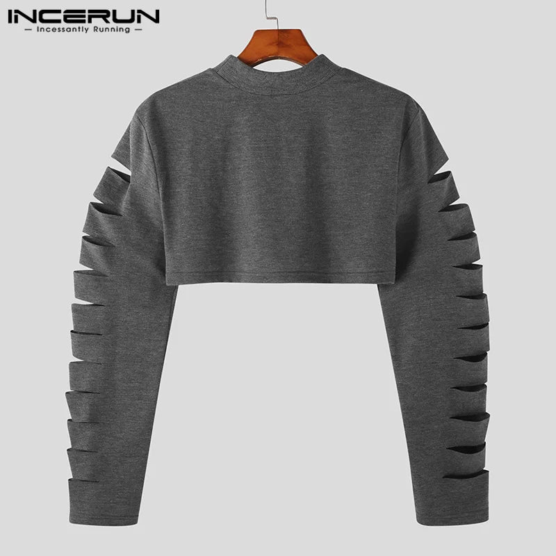 INCERUN Tops 2024 Style américain Nouveaux T-shirts creux à la mode pour hommes Fête décontractée Vente chaude Imprimé Camiseta à manches longues