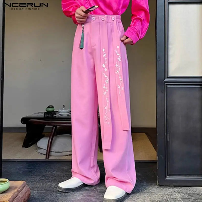 INCERUN 2024 Korean Style Trousers Men Stylish Embroidered Floral Ribbon Long Pants Streetwear Male Straight Leg Pantalons S-5XL